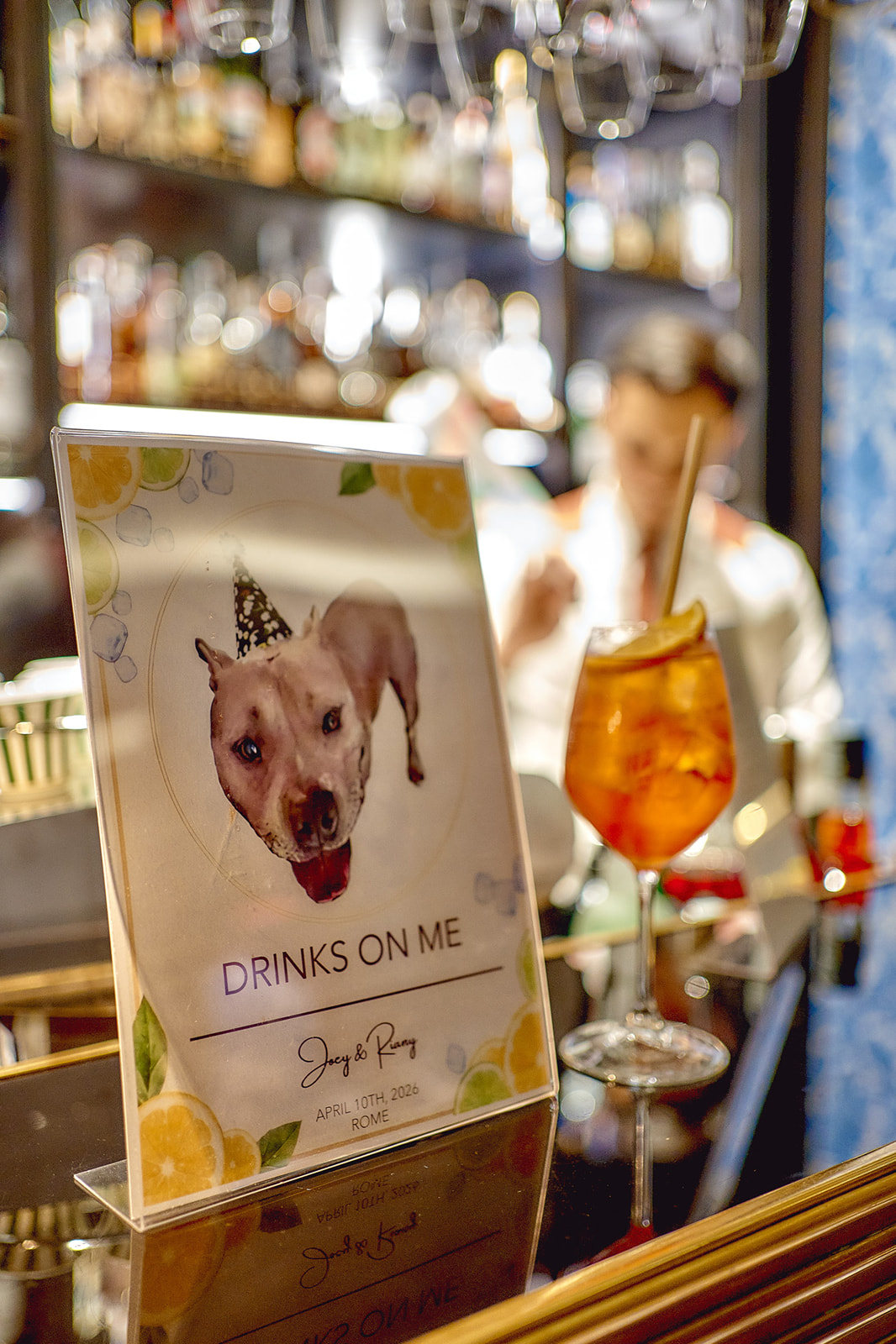 Sign on bar counter reading "Drinks on me" portraying newlyweds' dog